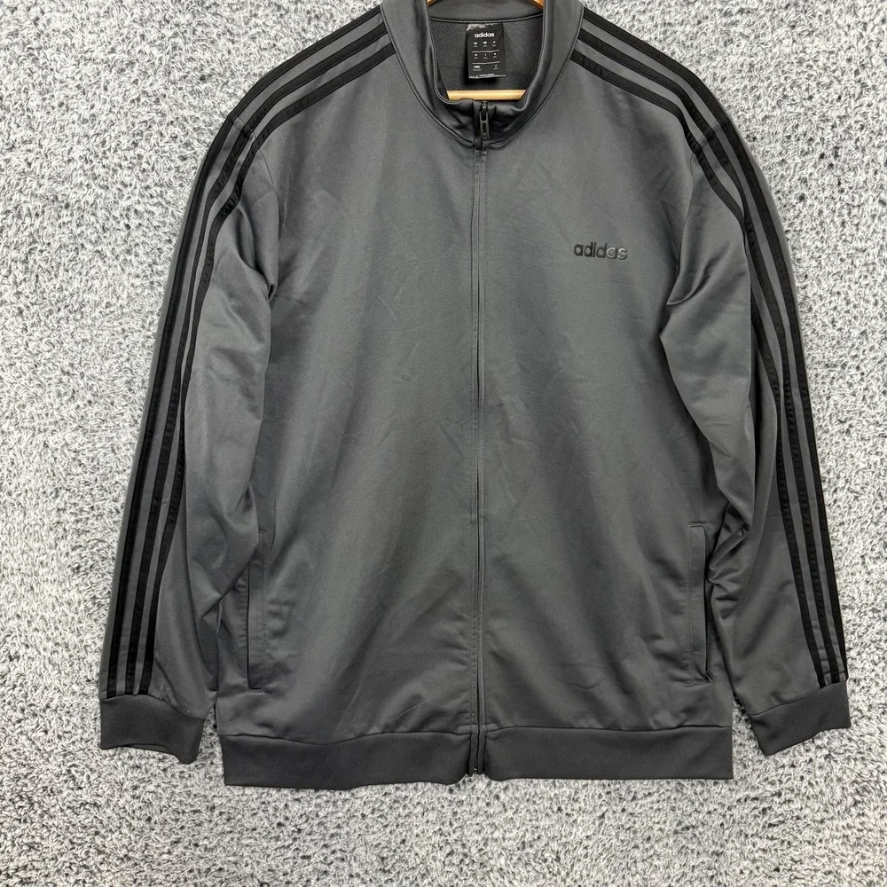 Adidas Jacket Mens 2XL Gray 3-Stripes Track Full Zip Zipper Pockets Athletic